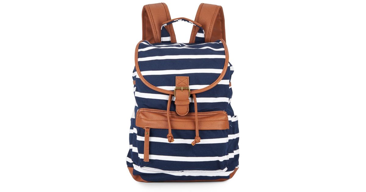 navy blue and white striped backpack