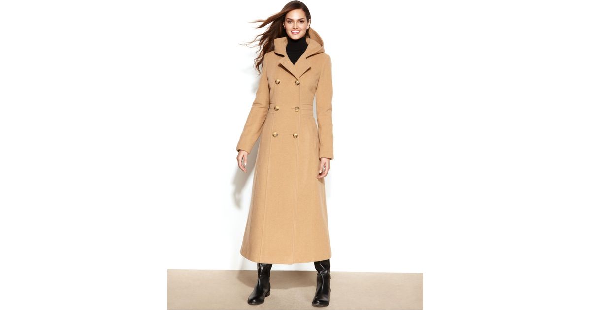 Anne Klein Double-Breasted Wool-Blend Hooded Maxi Coat in Natural | Lyst