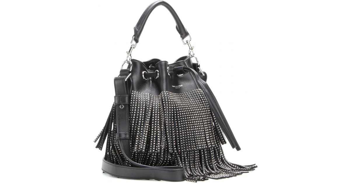 Saint laurent Emmanuelle Embellished Fringed Leather Bucket Bag in ...