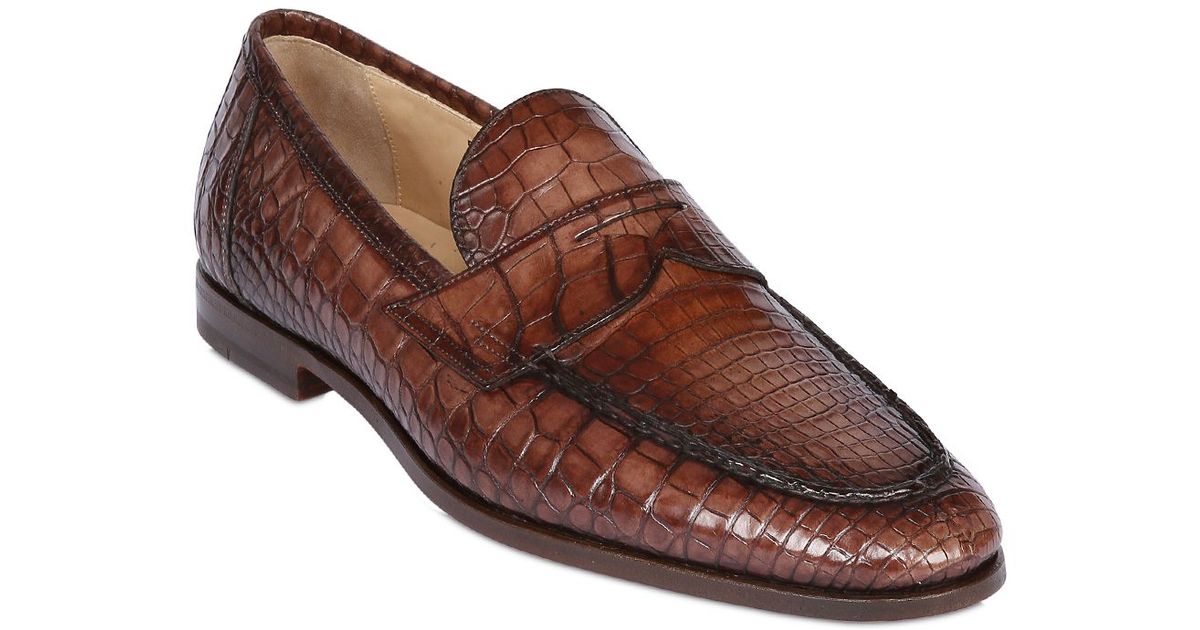 Santoni Crocodile Penny Loafers in Brown for Men | Lyst