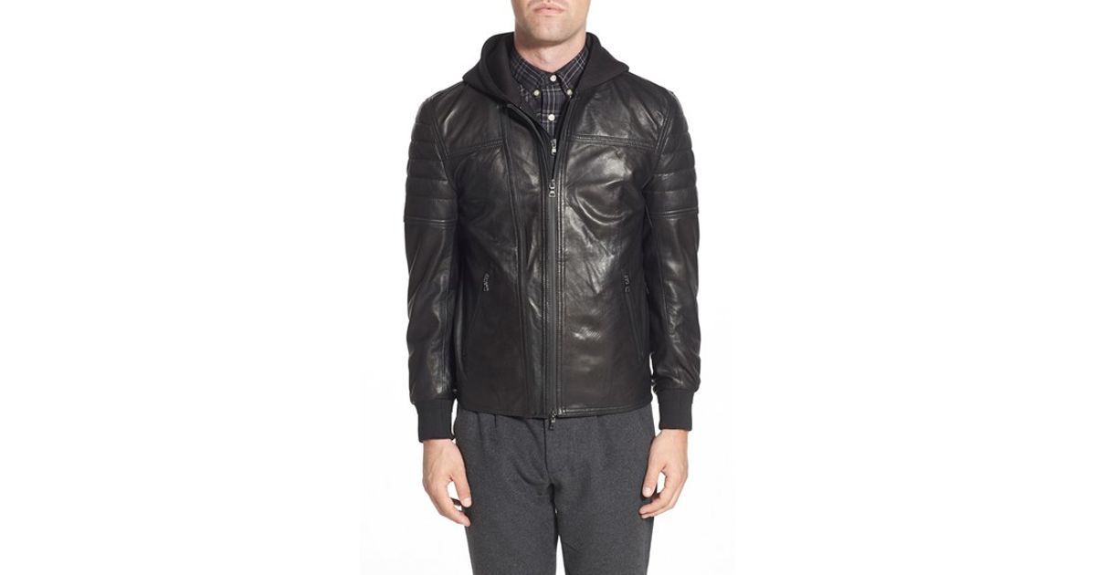 Slate Stone Leather Moto Jacket With Knit Hooded Bib Lining In Slate Stone Leather Moto Jacket With Knit Hooded Bib Lining In Black For Men Lyst
