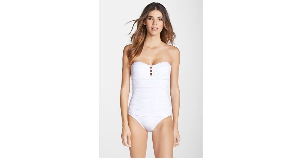 white strapless one piece bathing suit