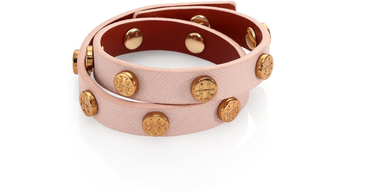 Tory Burch Logo Stud Saffiano Leather Double-wrap Bracelet in Pink | Lyst
