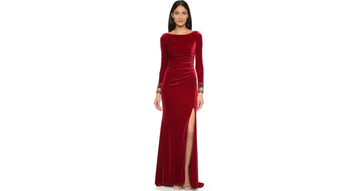 Badgley Mischka Velvet Long Sleeve Dress Crimson in Red