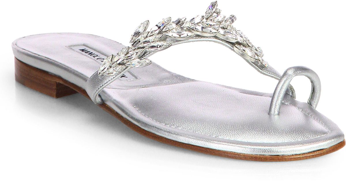 Manolo Blahnik Nadira Jeweled Metallic Leather Sandals - Lyst