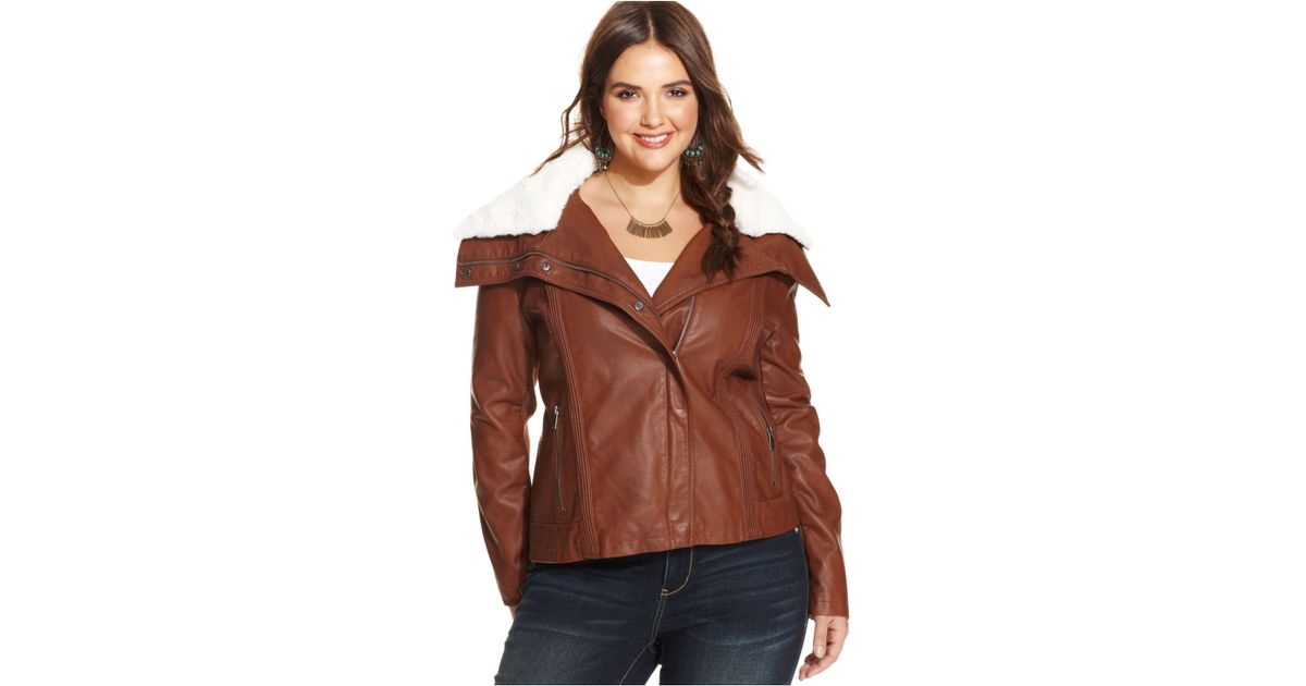 American Rag Brown Plus Size Faux Leather Fur Trim Er Jacket