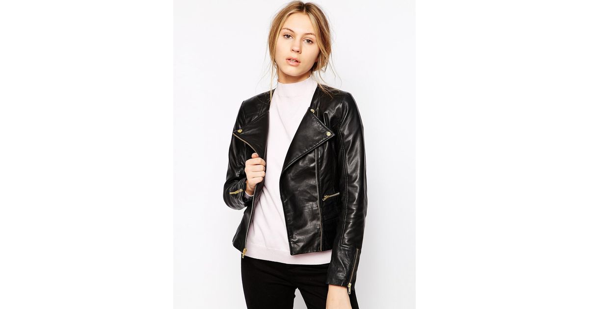 Barneys Originals Sienna Leather Collarless Jacket In Black Lyst