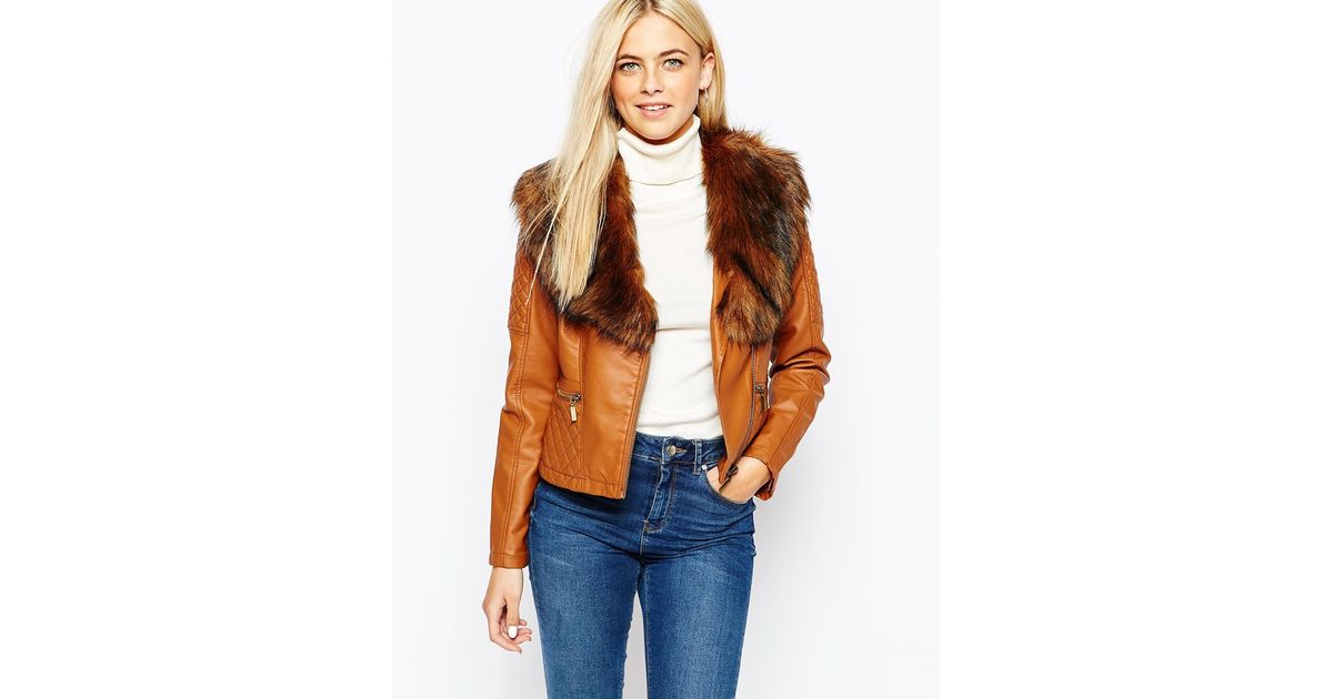 Oasis Brown Detachable Fur Collar Faux Leather Jacket
