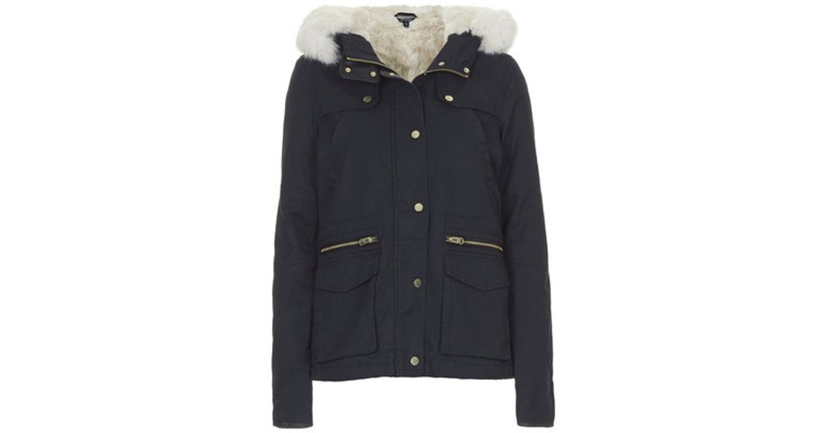 blue coat with white fur hood