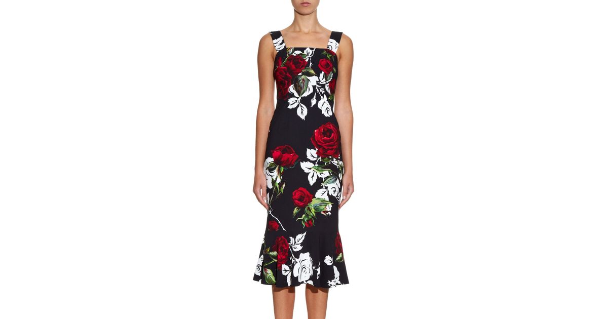 Dolce & Gabbana Satin Fluted Hem Rose-print Dress in Black Red 