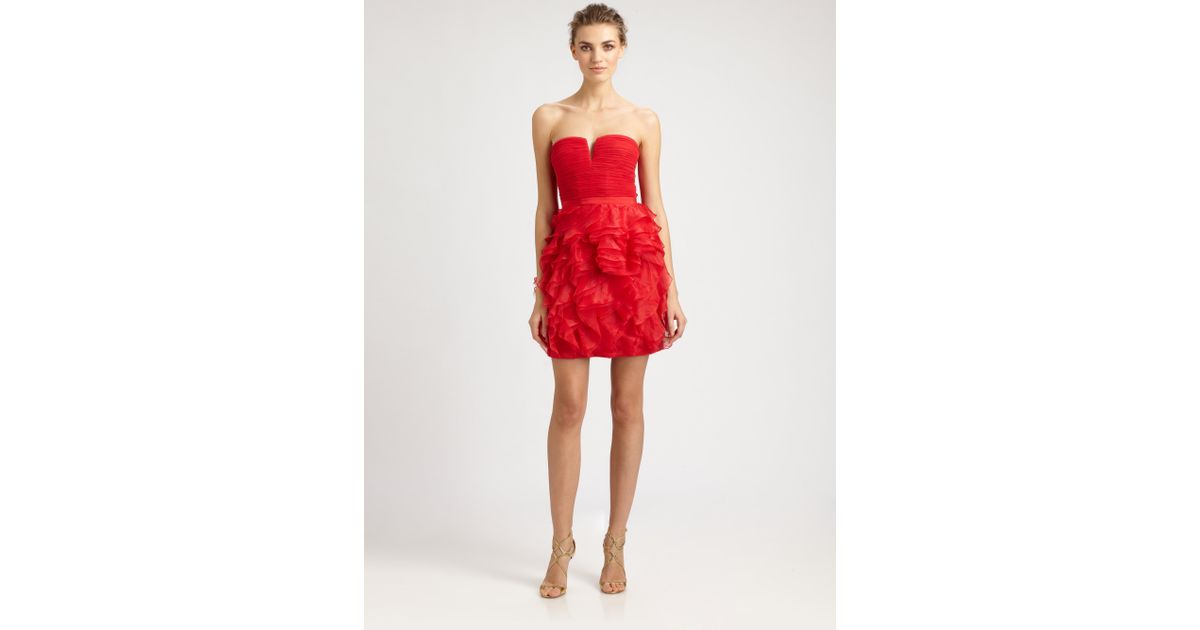 BCBGMAXAZRIA Strapless Ruffle Dress in Red | Lyst