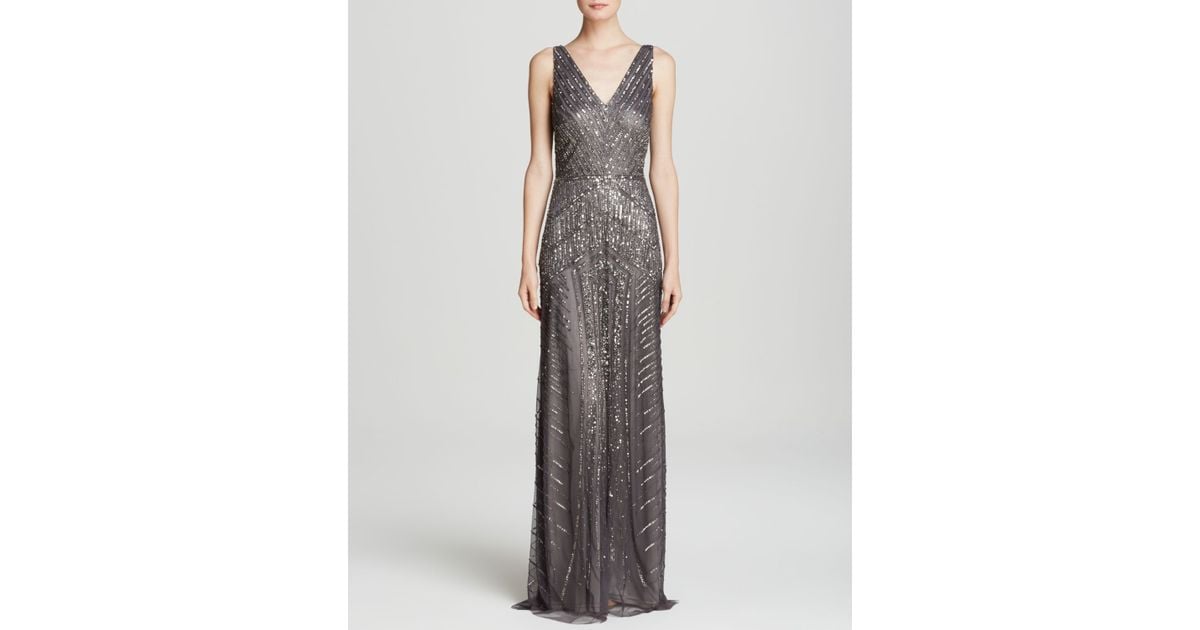 Adrianna Papell Gown - Sleeveless V-Neck Beaded in Gray | Lyst