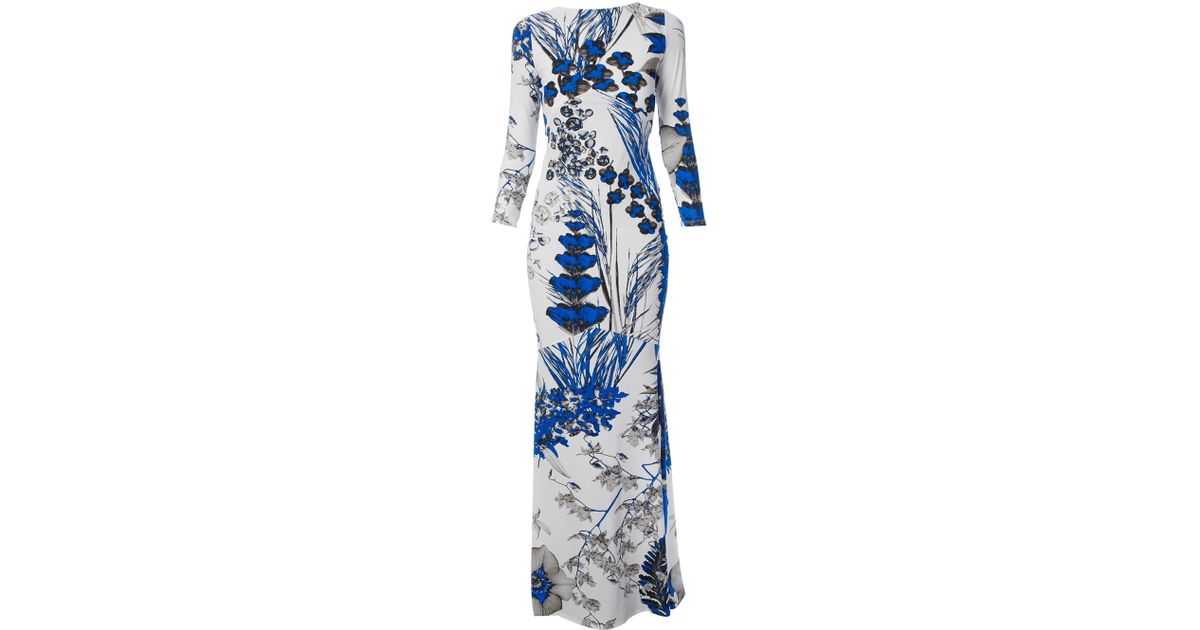 Roberto Cavalli Floral Print Gown in White (Blue) - Lyst