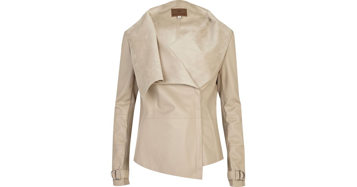 River Island Natural Beige Leather Look Waterfall Jacket