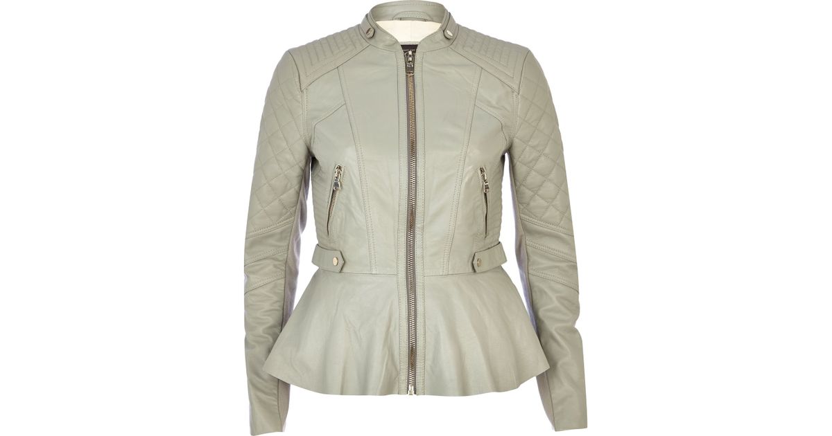River Island Light Grey Peplum Leather Jacket In Gray Lyst