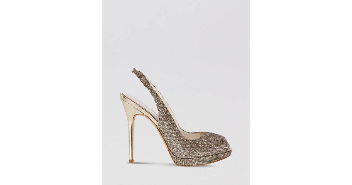 Karen Millen Peep Toe Platform Evening Slingback Sandals - Glitter High Heel in Gold (Metallic 
