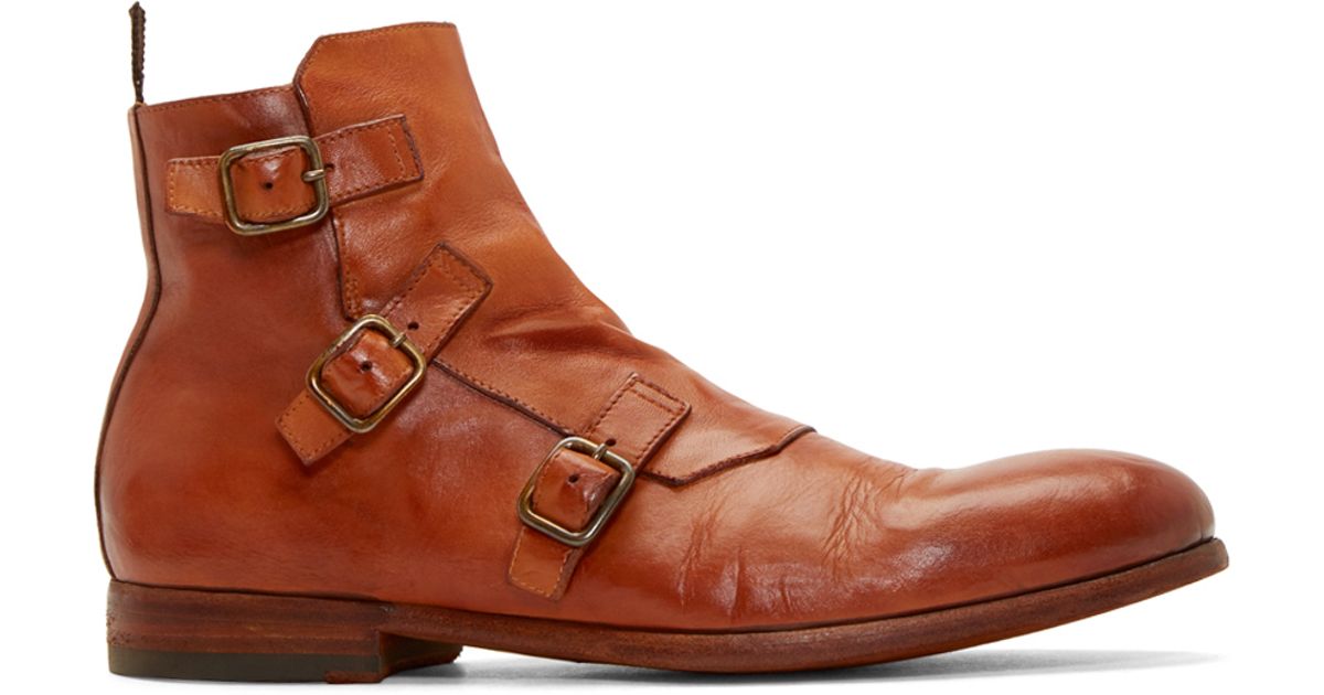 Tan Leather Monk Strap Boots in Brown 