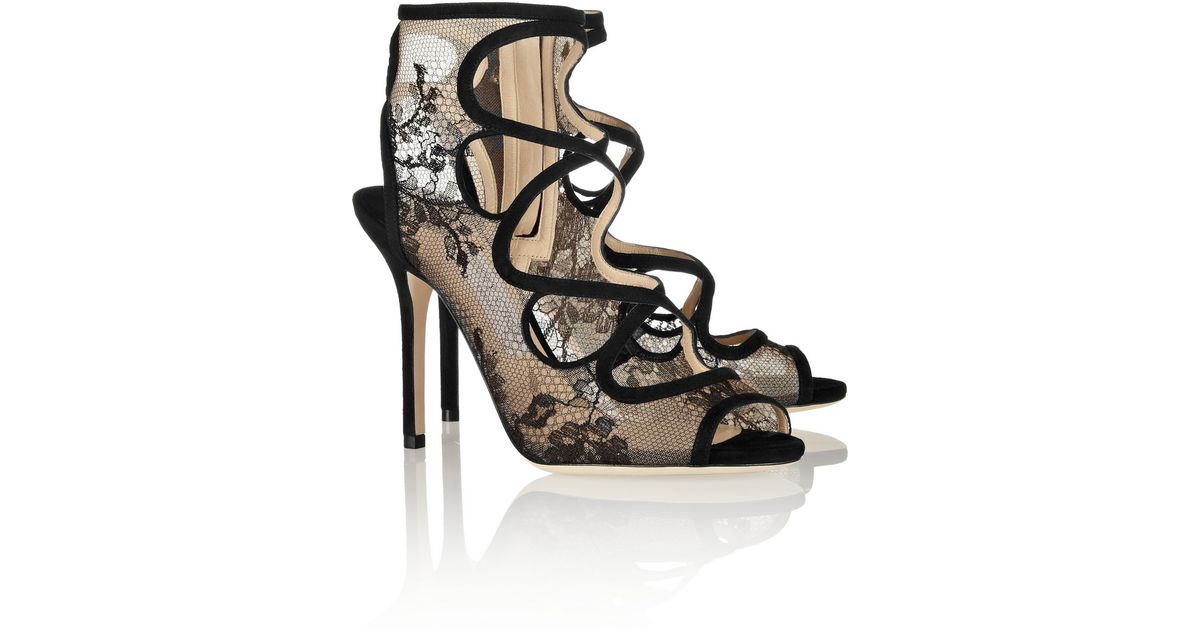 Jimmy Choo Jalislo Cutout Suede and Lace Sandals in Black - Lyst