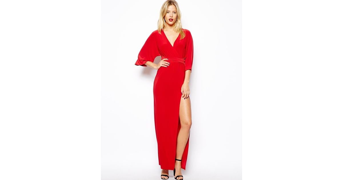 ASOS Kimono Wrap Maxi Dress in Red | Lyst