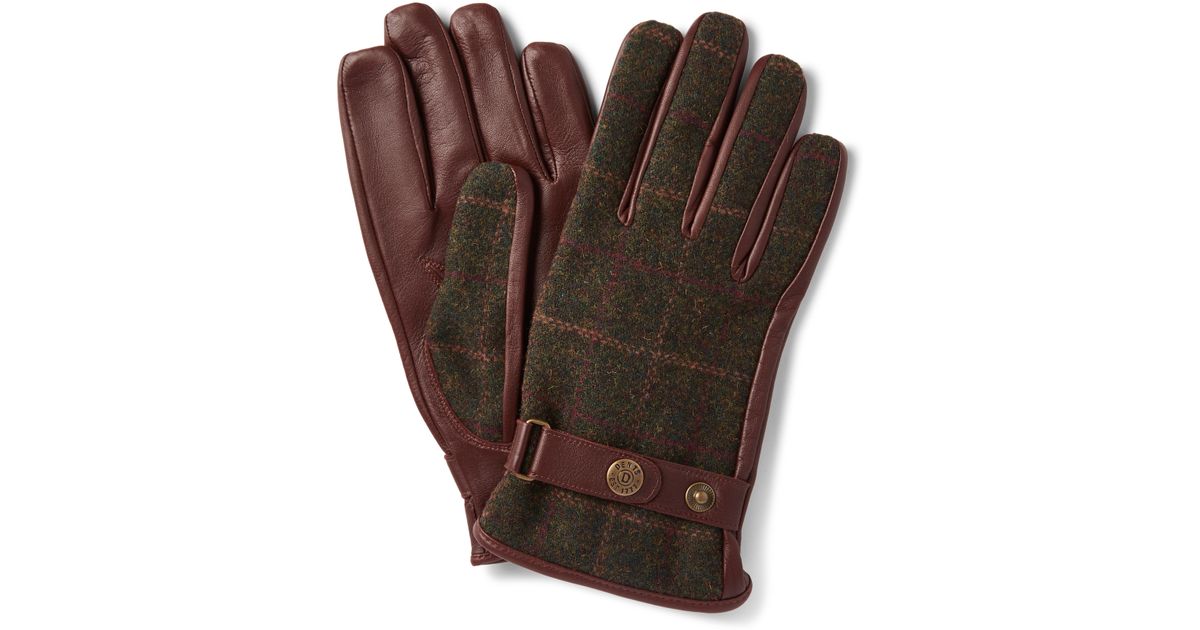 Dents Edinburgh Checked Flannel And Leather Gloves in Burgundy (Purple