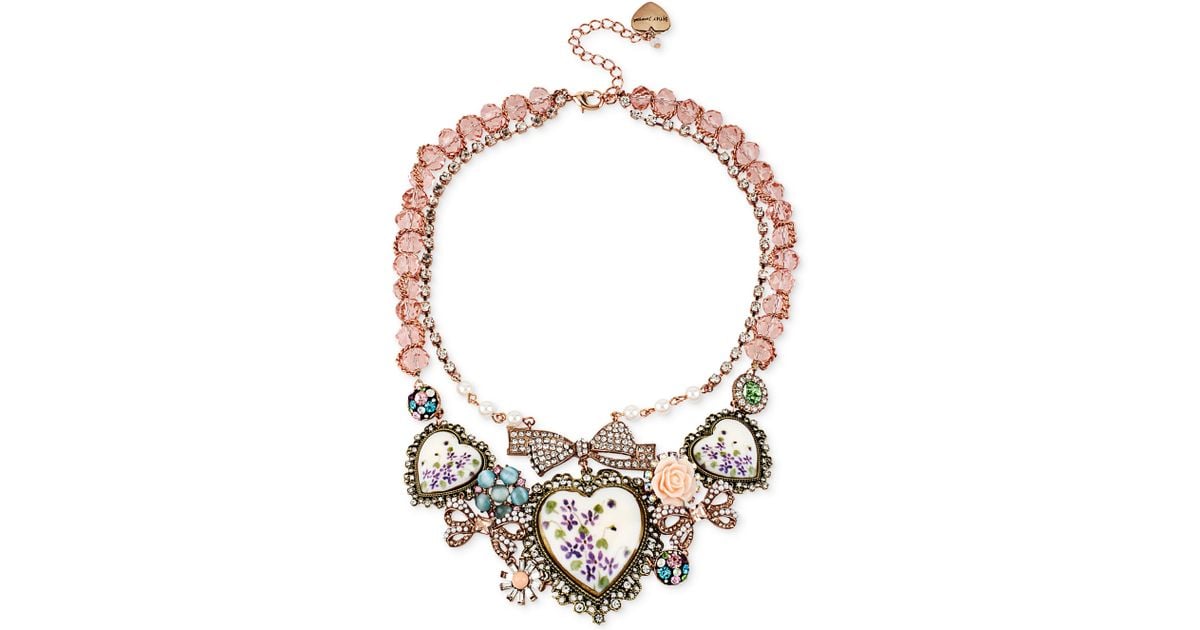 Betsey Johnson Faux Pearl and Heart Frontal Necklace in Pink | Lyst