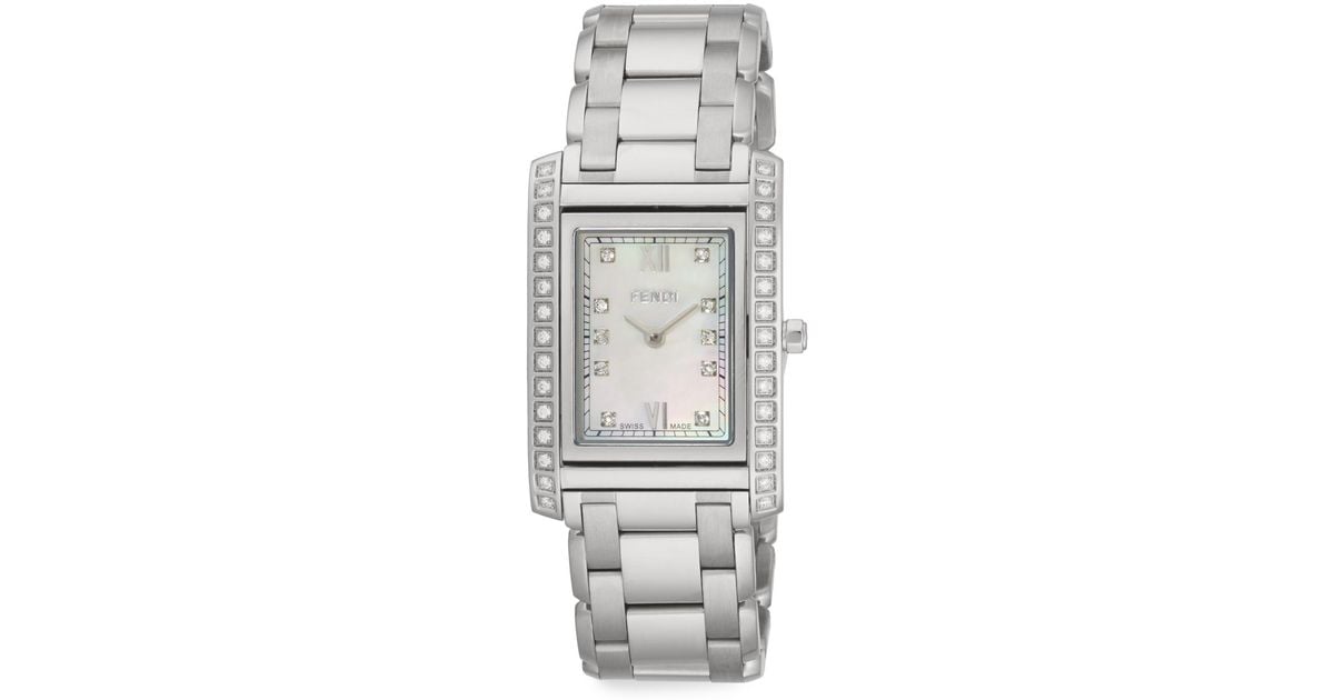 Fendi Loop Diamond, Mother-of-pearl & Stainless Steel Rectangular Watch ...