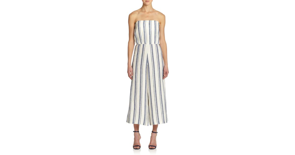 blue and white striped linen jumpsuit