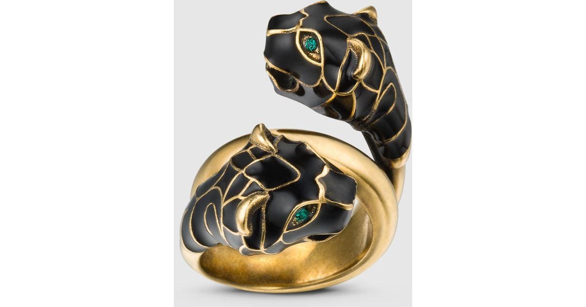 Gucci Tiger Head Ring With Black Enamel 