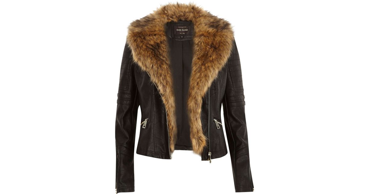 River Island Black Leather Look Faux Fur Biker Jacket In Lyst