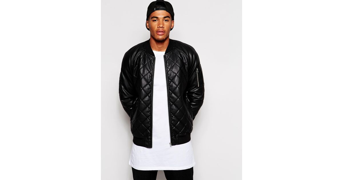 ASOS Faux Leather Quilted Bomber Jacket in Black for Men - Lyst