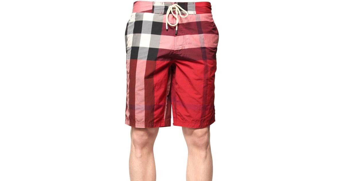 Burberry Brit Macro Check Cotton Blend Swimming Shorts in Red for Men | Lyst