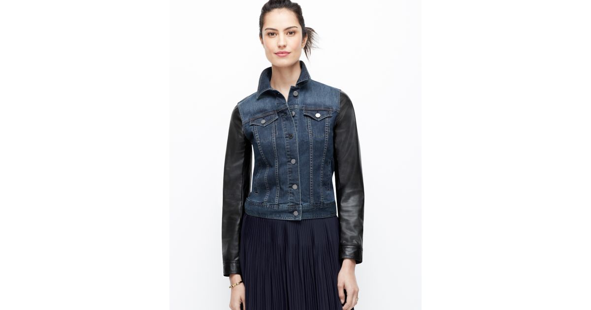 Ann Taylor Blue Faux Leather Sleeve Denim Jacket