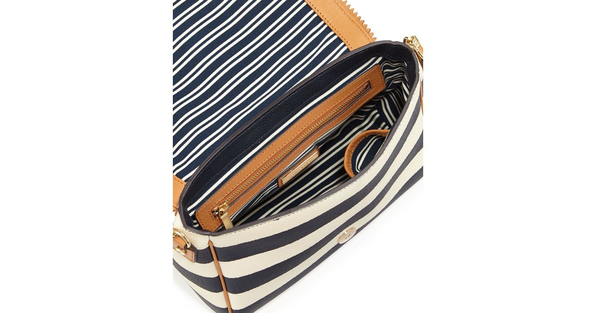 blue and white striped crossbody bag