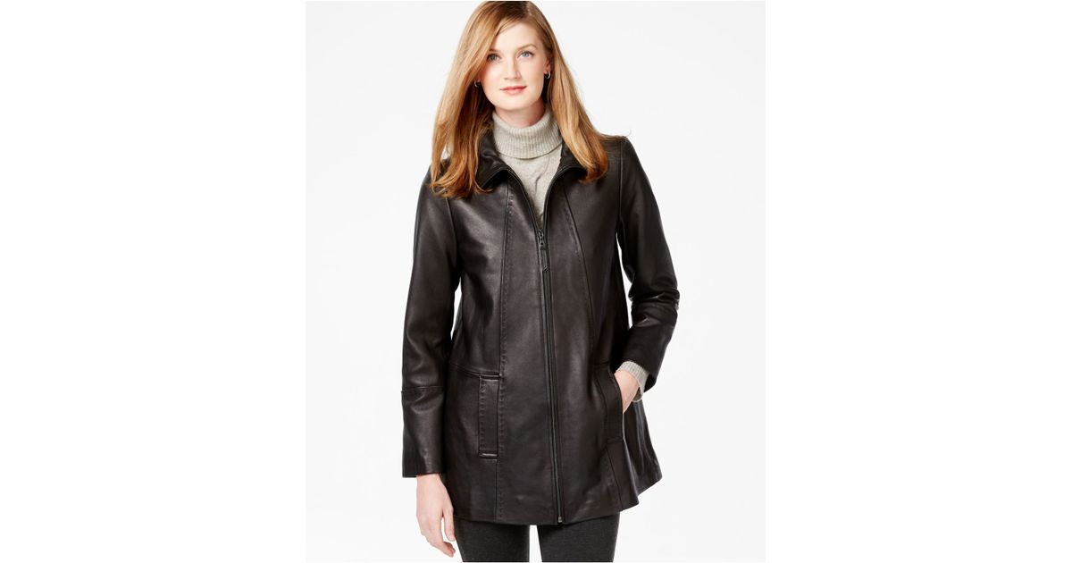 Jones New York Topstitched Leather Coat In Black Lyst