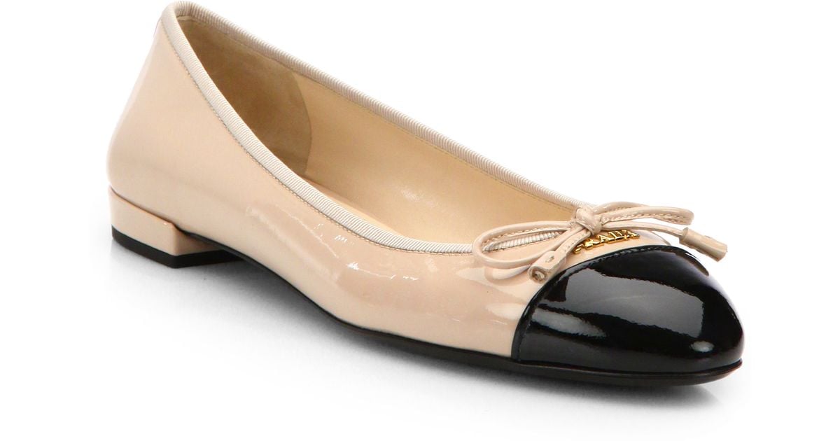 Prada Patent Leather Cap-Toe Ballet Flats in Blush-Black (Black) | Lyst