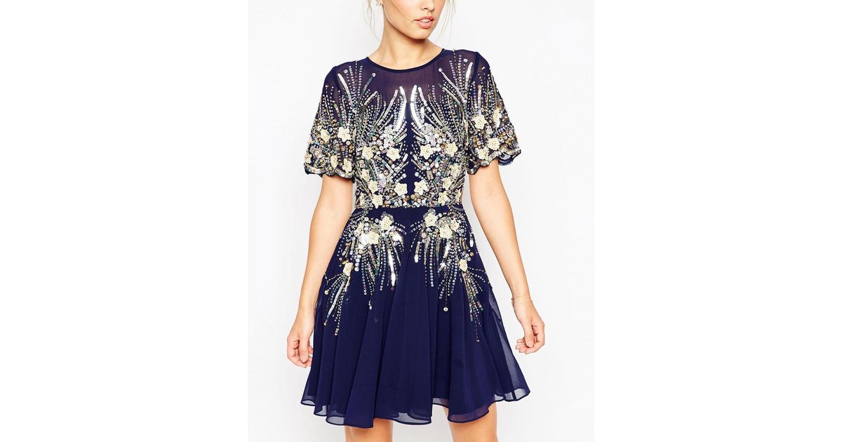 asos gold and navy sparkle mesh skater dress