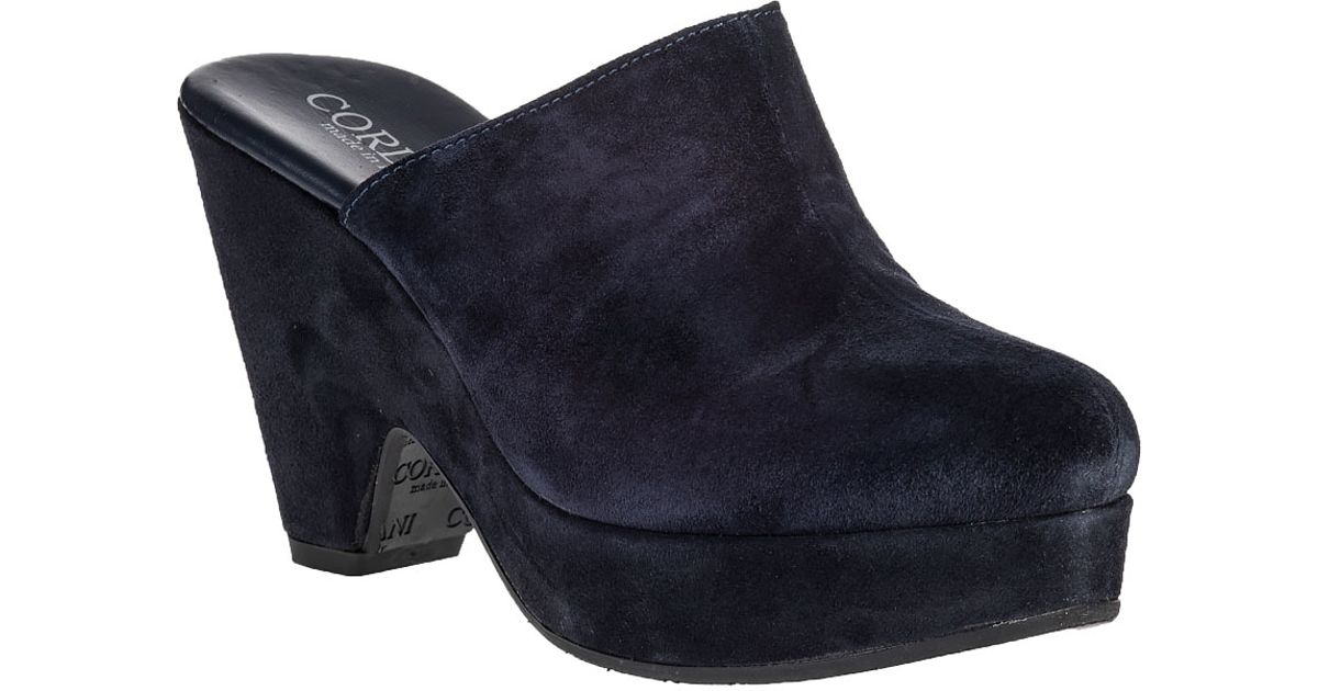 navy blue suede clogs