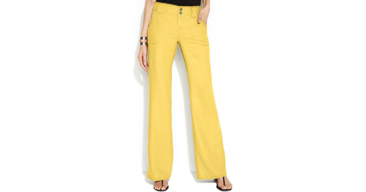 INC International Concepts Curvy Fit Lace Trim Wide Leg Linen Pants in Yellow | Lyst