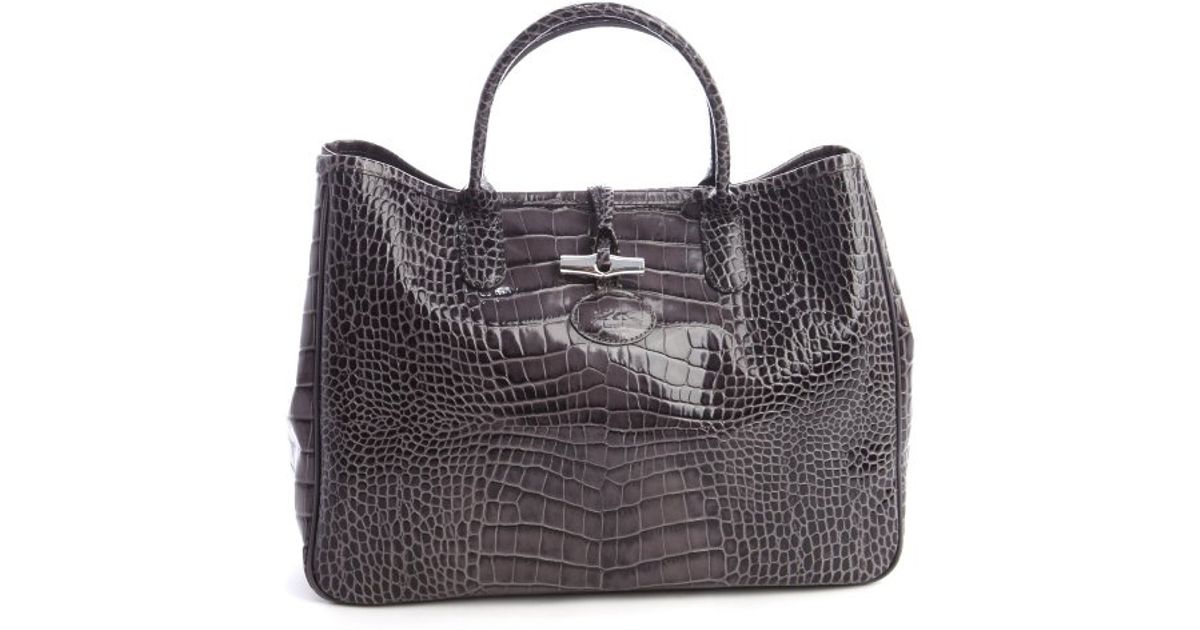 Lyst Longchamp Grey Croc Embossed Leather Roseau Tote In Gray