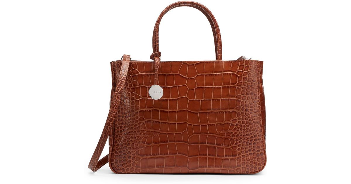 Furla Practica Crocembossed Leather Shopper Bag in Brown | Lyst