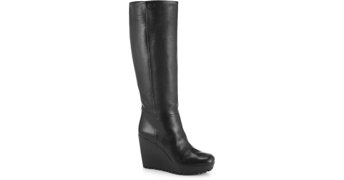 Gucci Marion Knee-High Leather Wedge Boots in Black - Lyst