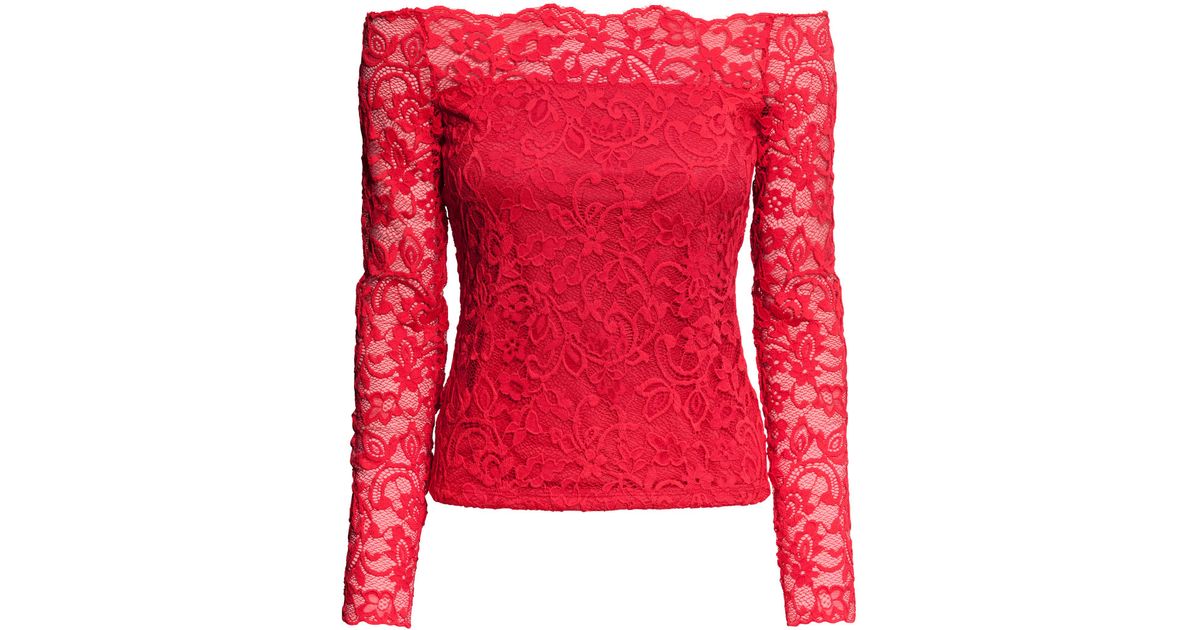 H&M Off-The-Shoulder Lace Top in Red | Lyst Canada