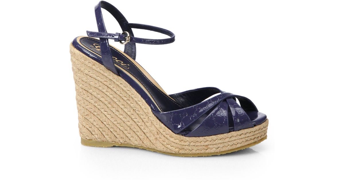 Gucci Penelope Logo Patent Leather Espadrille Wedge Sandals in Azure ...