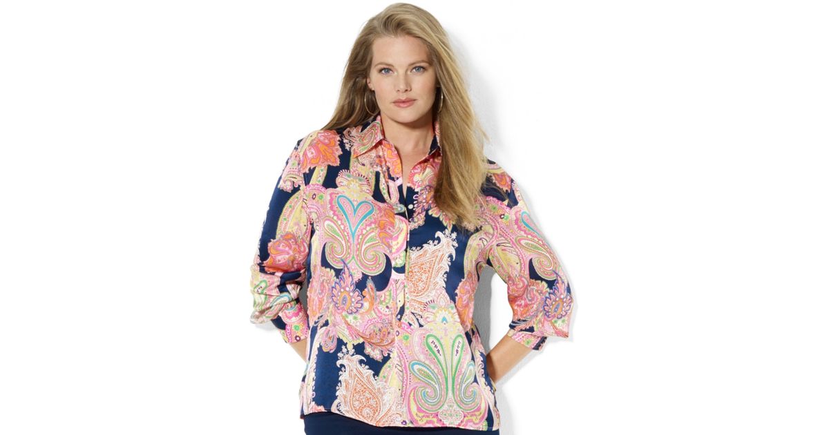 Lauren by Ralph Lauren Plus Size Paisleyprint Satin Blouse in Pink | Lyst