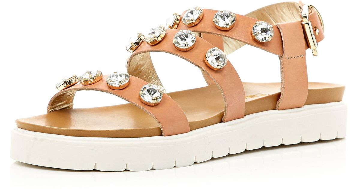 River island Pink Gem Stone Embellished Flatform Sandals in Brown (pink