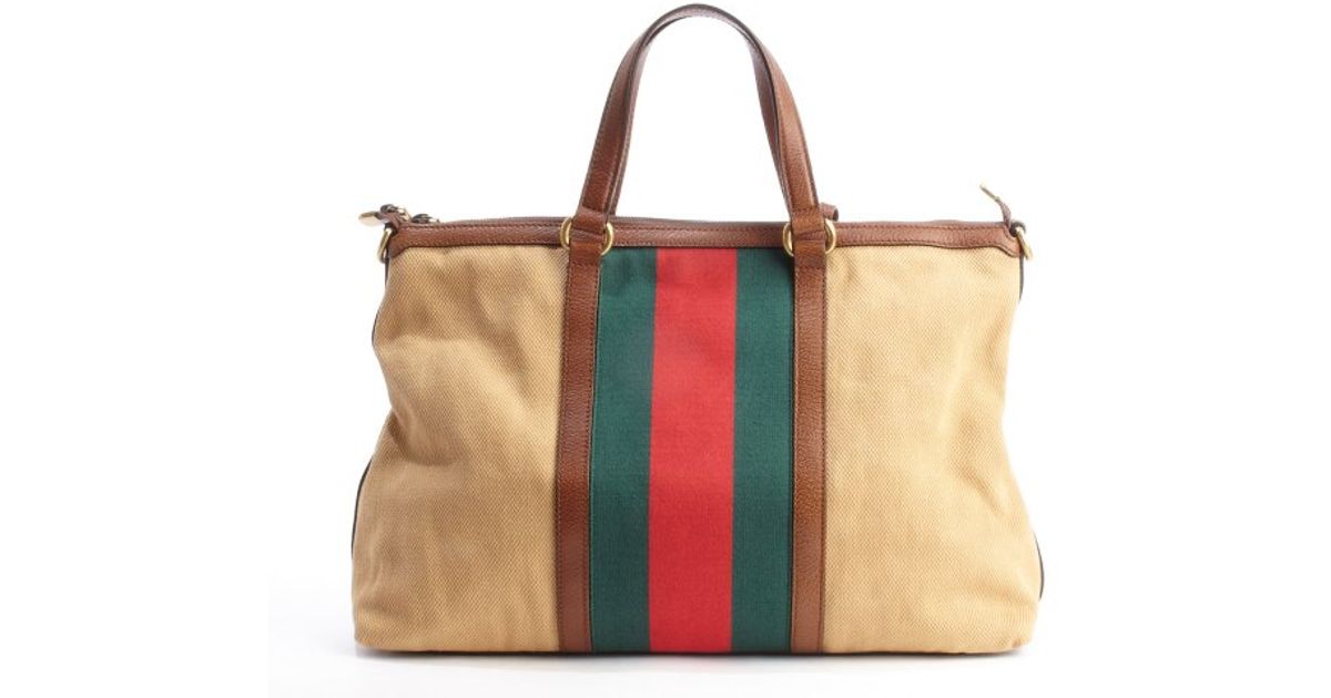 Gucci Camel Leather Trimmed Canvas Web Stripe Convertible Tote Bag in Beige (camel) | Lyst