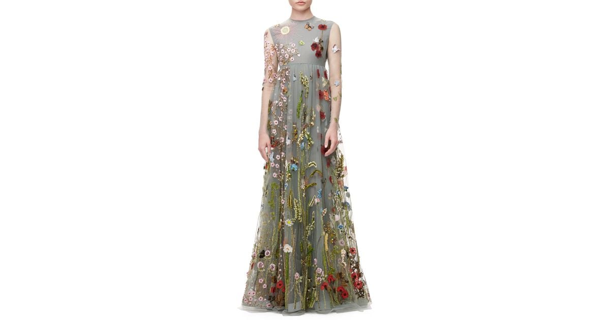 Valentino Gray Fl Embroidered Tulle Empire Waist Gown Valentino Gray Fl Embroidered Tulle Empire Waist Gown