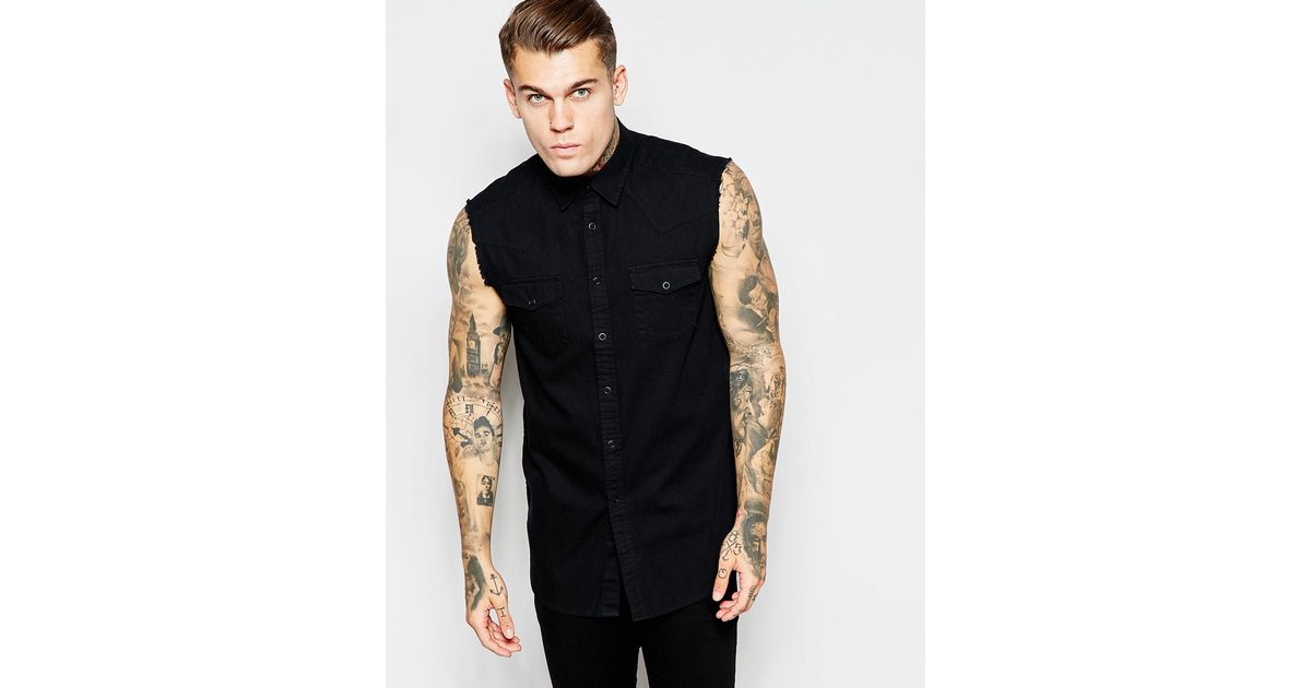 ASOS Sleeveless Shirt In Western Styling in Black for Men Lyst