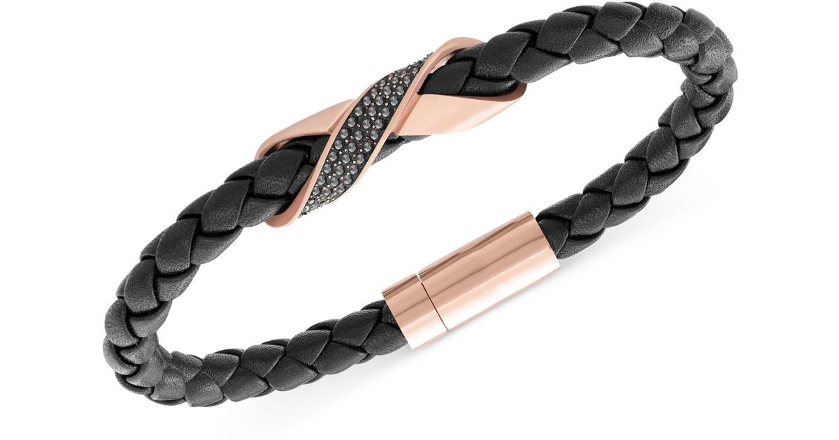 Swarovski Men'S Cross Rose Gold-Tone Black Leather Bracelet for Men | Lyst