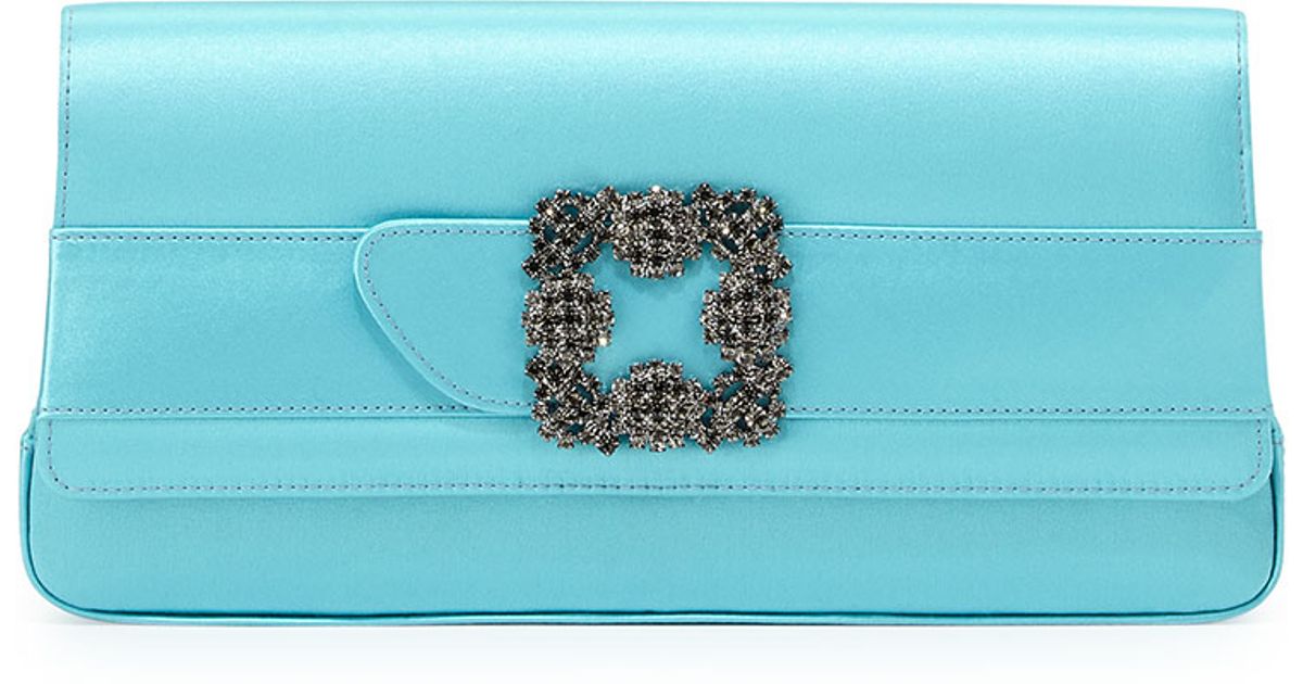 Manolo Blahnik Blue Gothisi Crystal Buckle Satin Clutch Bag